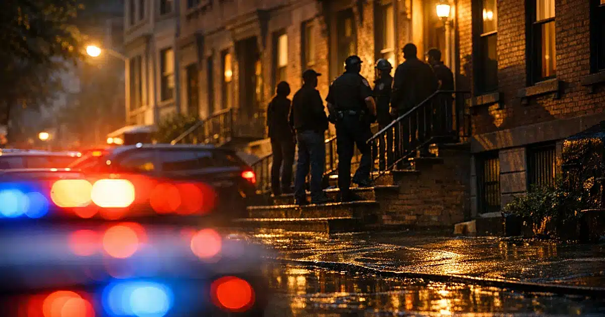 Silhouetted figures on Brooklyn brownstone stoop with police lights reflecting on wet pavement at dusk