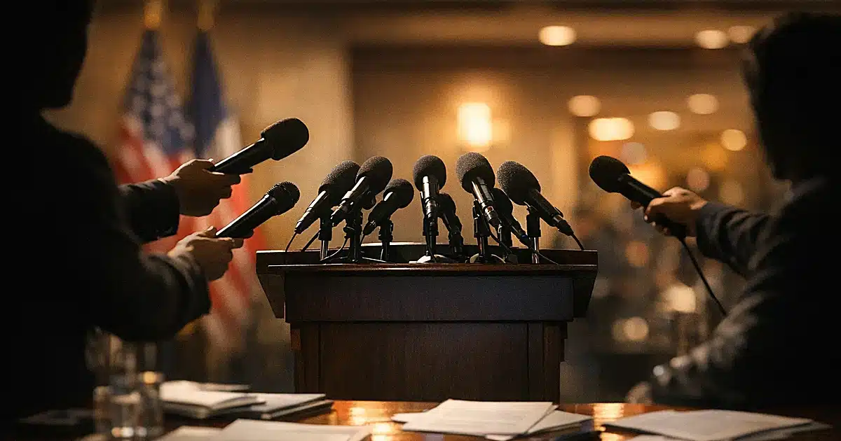Press briefing podium surrounded by reporters' silhouettes with microphones extended forward in dramatic lighting