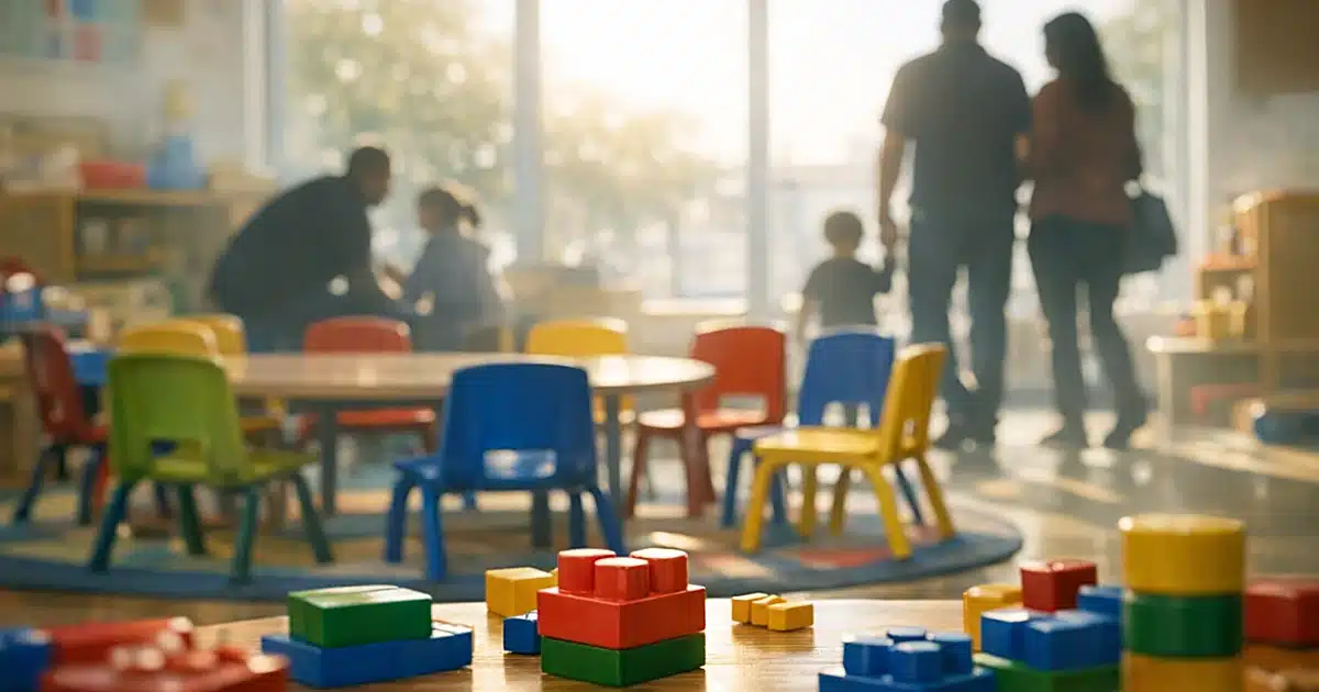 Interior of daycare classroom with small furniture and silhouettes of adults visible through windows