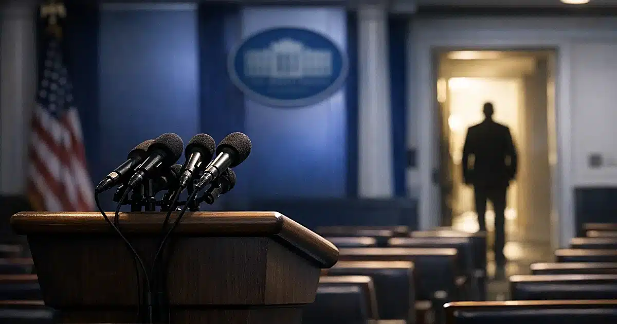 Empty White House press briefing room with podium and microphones, silhouetted figure in distant doorway