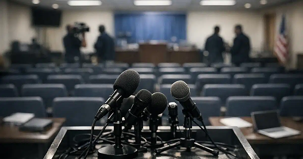 Empty press briefing room with unmanned podium microphones and abandoned chairs with scattered notepads