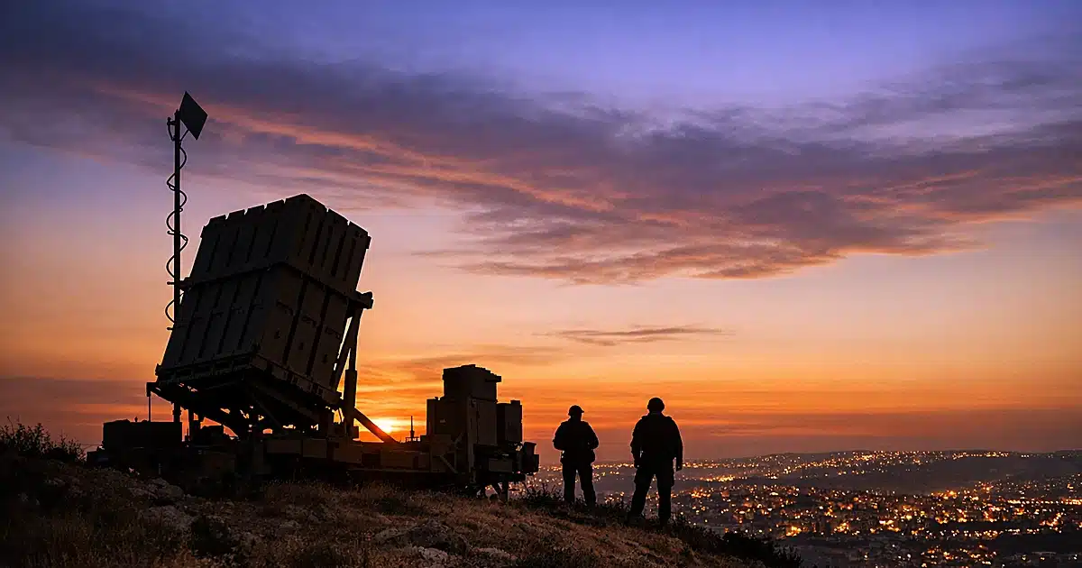 Iron Dome missile defense battery silhouetted on hilltop overlooking illuminated city at dusk