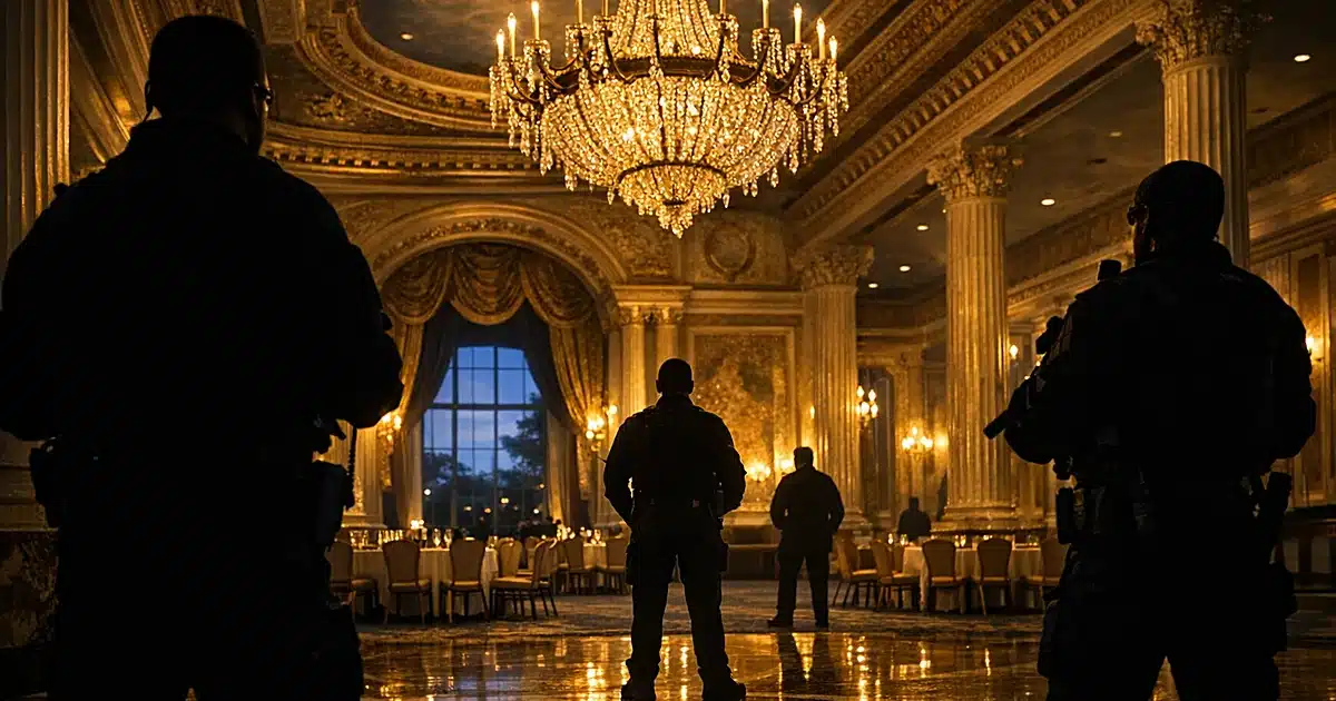 Empty ornate ballroom interior with chandeliers and security personnel silhouettes in dramatic lighting