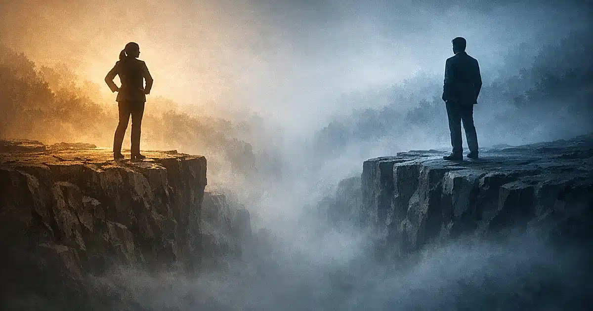 Two silhouetted figures separated by a wide chasm with fog between them, lit from opposite sides