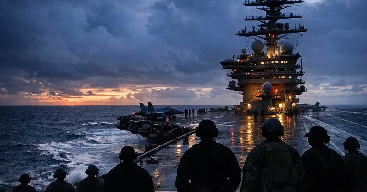 Aircraft carrier deck at dusk with silhouetted crew members standing along the edge facing stormy horizon