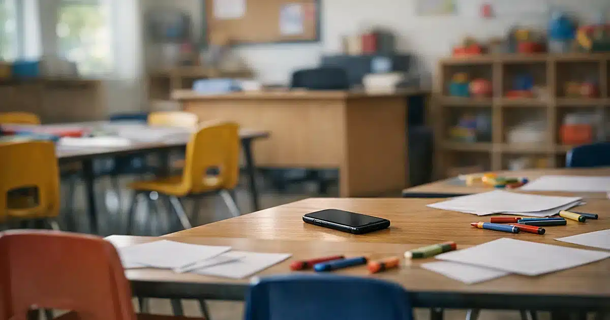 Empty childcare classroom with smartphone on teacher's desk, small chairs and educational materials in foreground