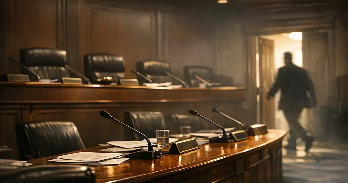 Empty congressional hearing room with scattered papers and abandoned seats suggesting political scandal aftermath