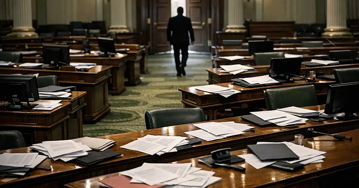 Empty legislative chamber with scattered papers on desks and silhouetted figure walking toward exit