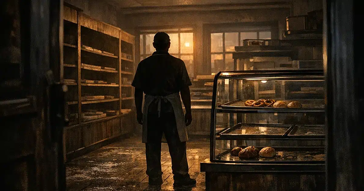 Empty bakery interior with sparse pretzels in display case and silhouetted baker facing vacant shelves at closing time