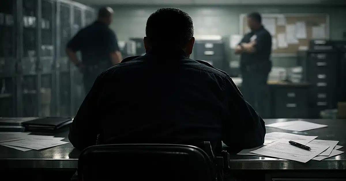 Silhouetted figure at sheriff's department desk with scattered paperwork under fluorescent lights