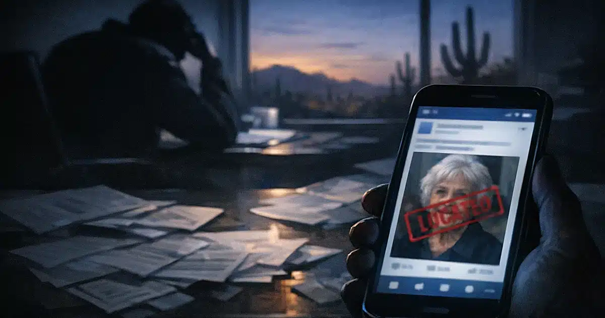 Smartphone displaying a social media post glowing in dim room with silhouetted figure at desk surrounded by papers