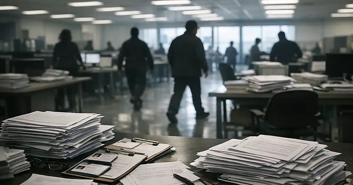 Immigration processing facility with rows of desks, scattered application documents, and silhouetted officials