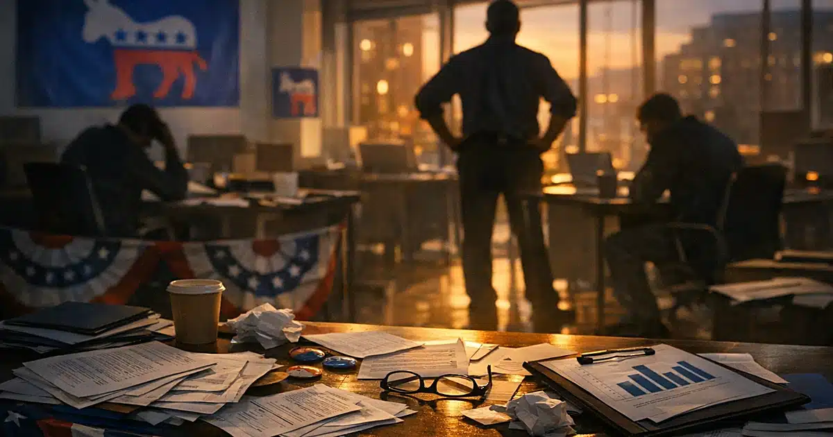 Empty Democratic campaign office at dusk with scattered papers on desks and silhouetted figures in background