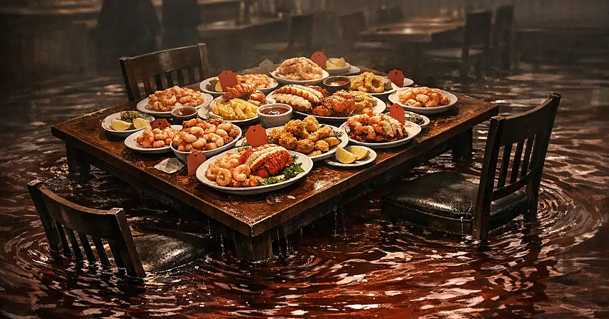 Restaurant table overloaded with discounted seafood dishes sinking into rising red water on flooded floor