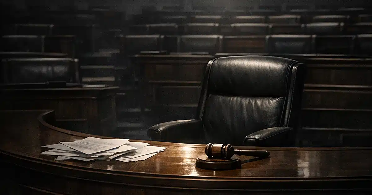 Empty leather chair at legislative desk illuminated by overhead light in darkened chamber with vacant seats behind