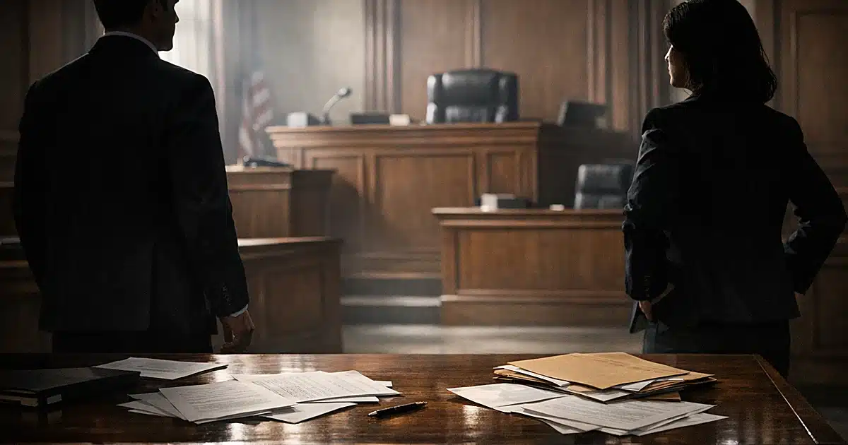 Empty family courtroom with silhouetted attorneys on opposite sides and scattered legal documents on table