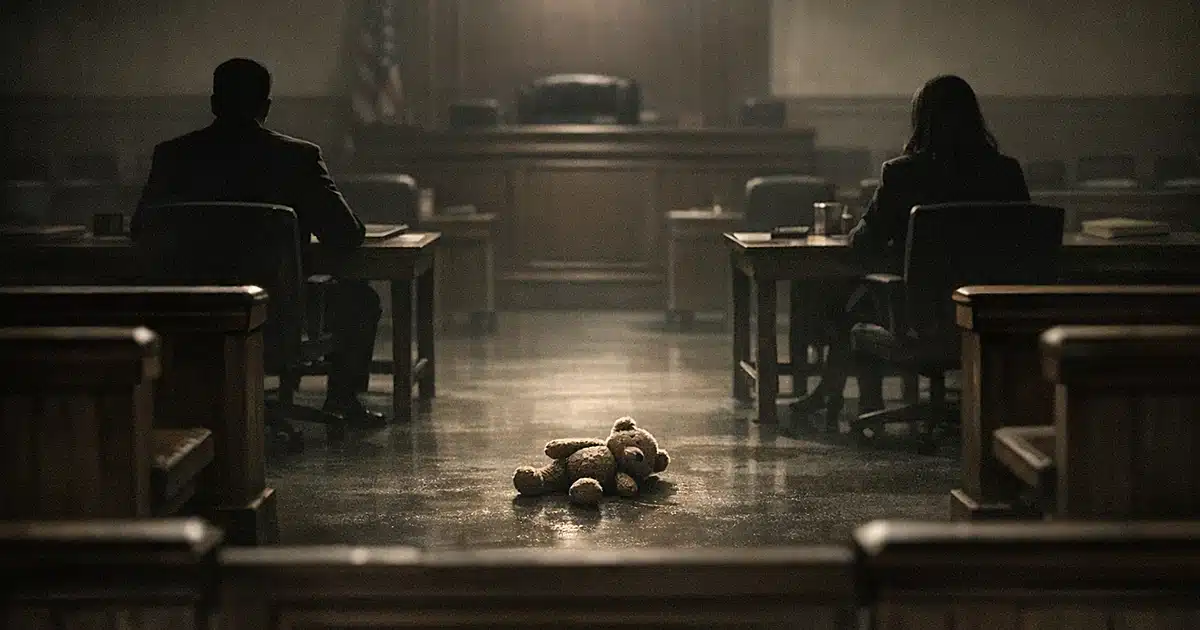 Two silhouetted figures sit at opposite sides of an empty courtroom with a child's toy on the floor between them