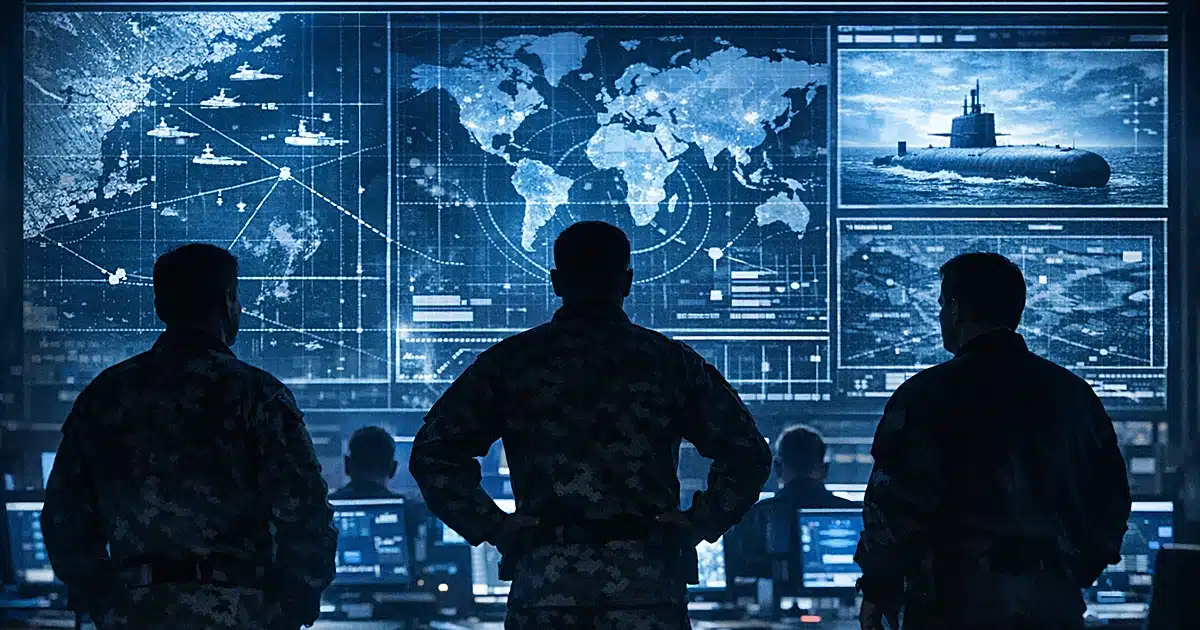 Military operations room with silhouetted personnel facing illuminated tactical displays