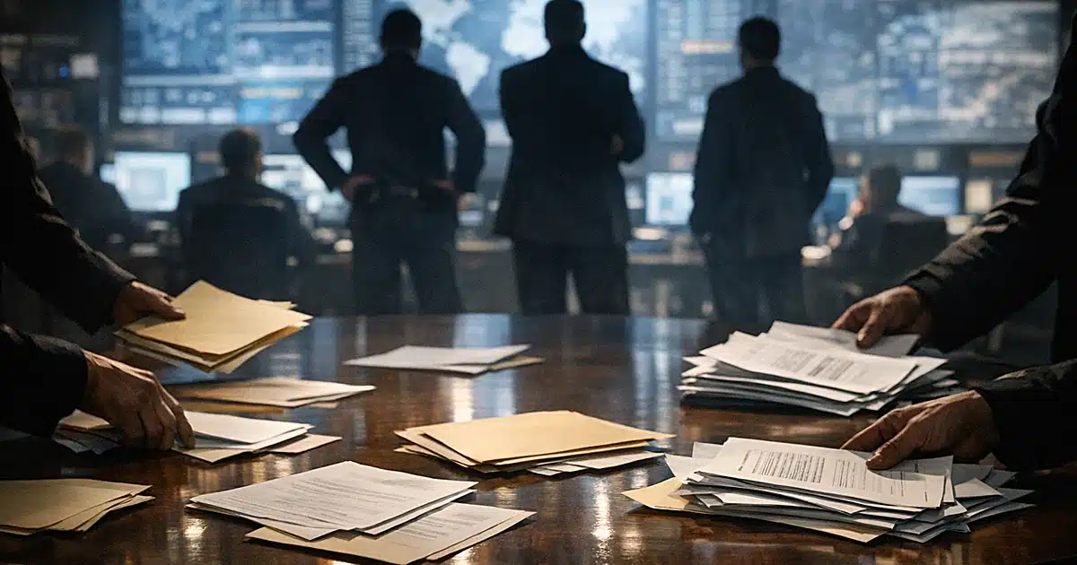 FBI operations room with silhouetted figures and documents in motion across conference table