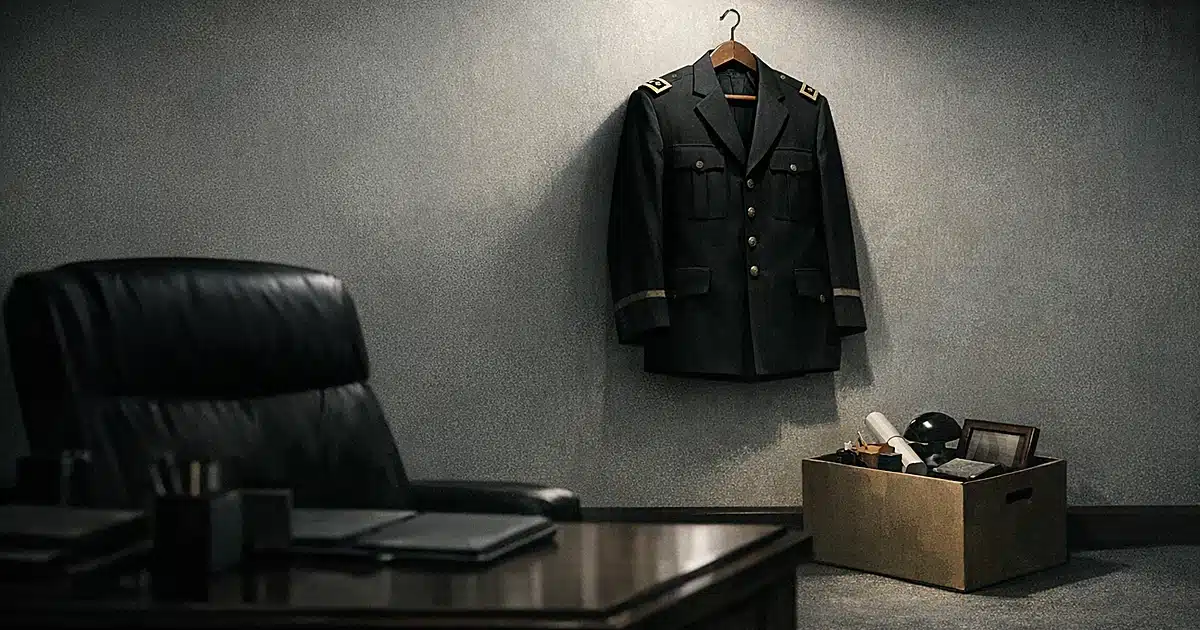 Empty military dress uniform hanging in a vacated office with packed belongings below, symbolizing forced retirement