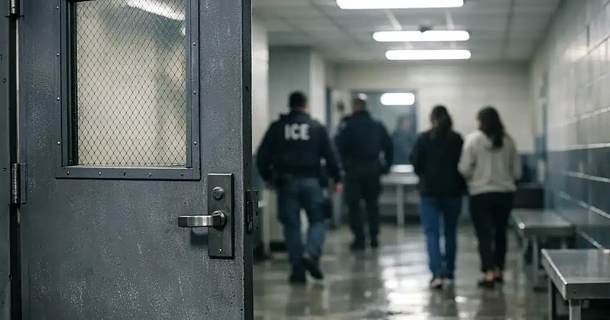 Interior of immigration detention facility with steel security door and silhouetted federal agents in background