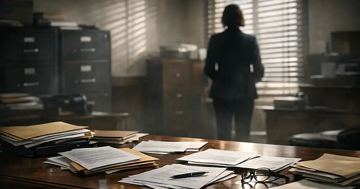Municipal office desk with scattered documents and silhouetted figure near filing cabinets in background