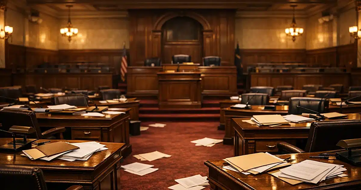 Empty New Jersey legislative chamber with scattered papers on desks under warm lighting at dusk