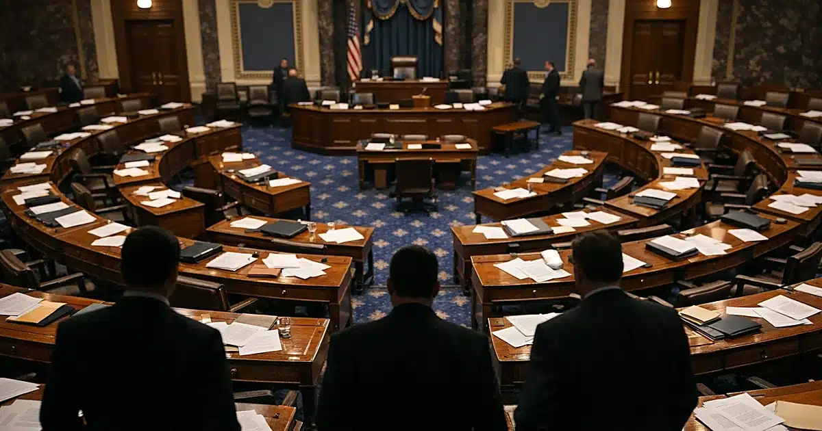 Interior view of Senate chamber with scattered papers on desks and silhouetted figures standing near podium