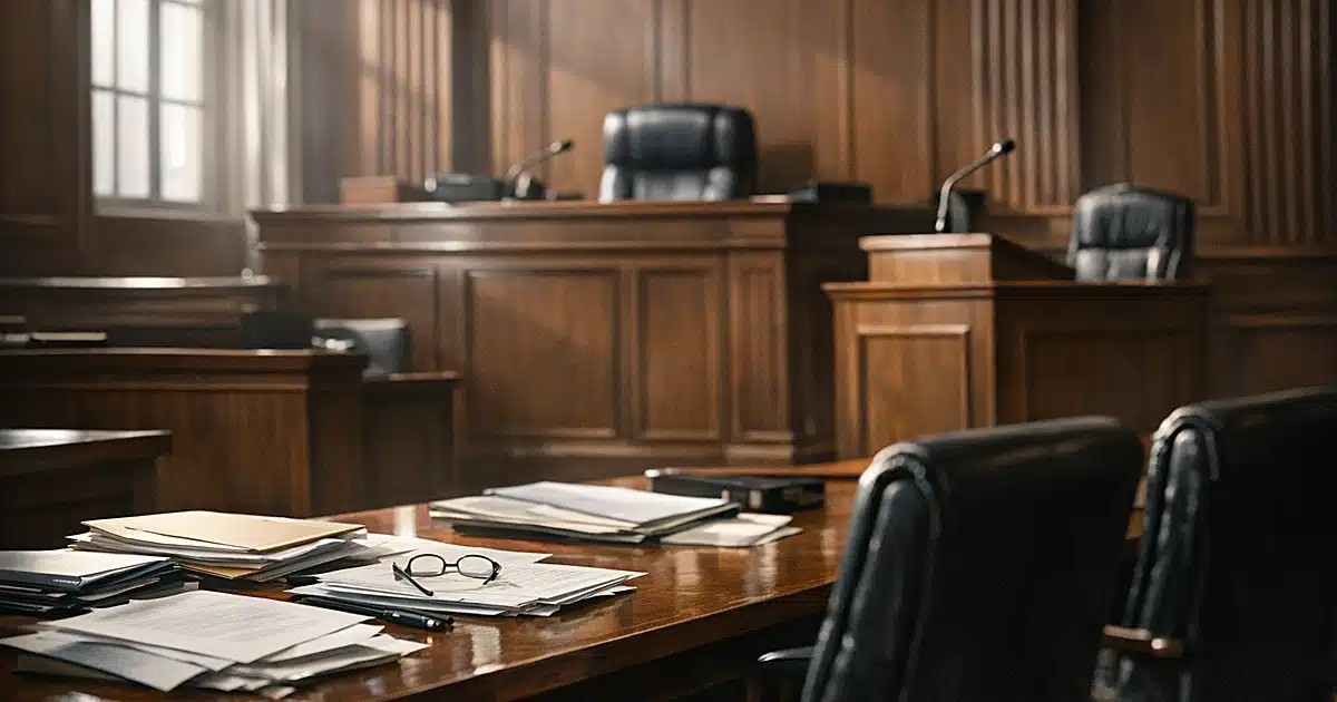 Empty federal courtroom with judicial bench, witness stand, and scattered legal documents on defense table