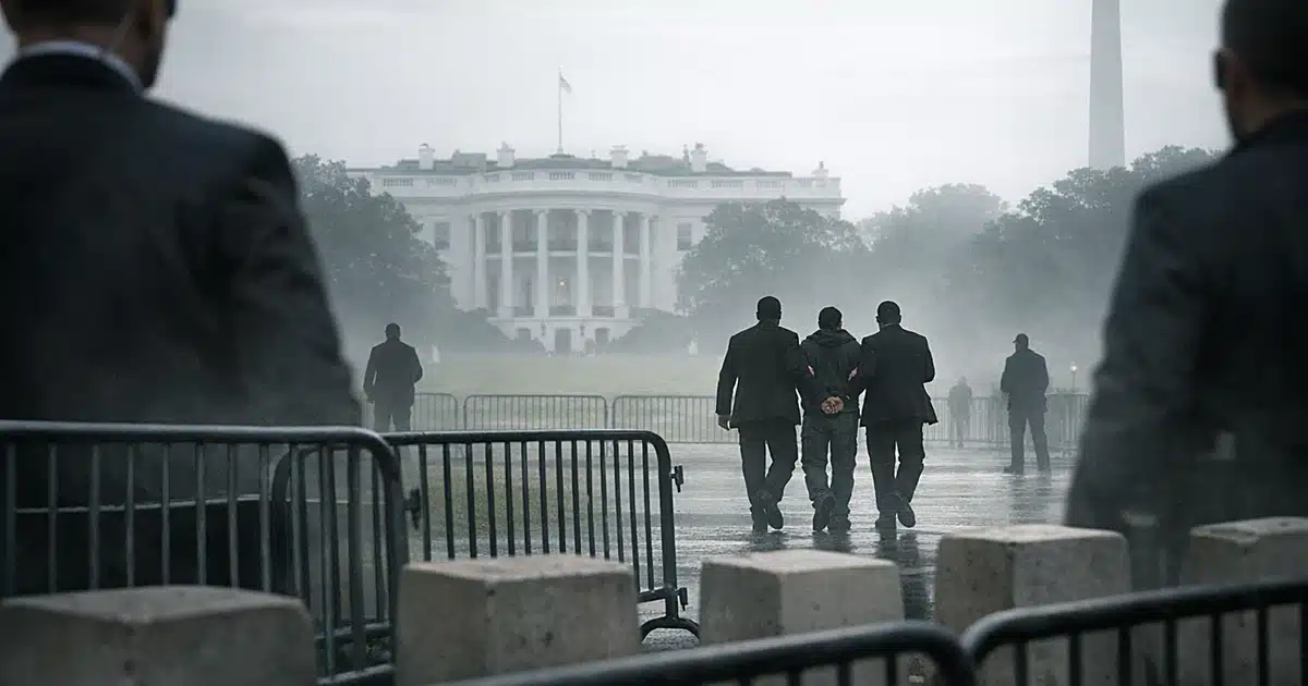 Secret Service agents detaining person at security barrier near government park with multiple officers in background