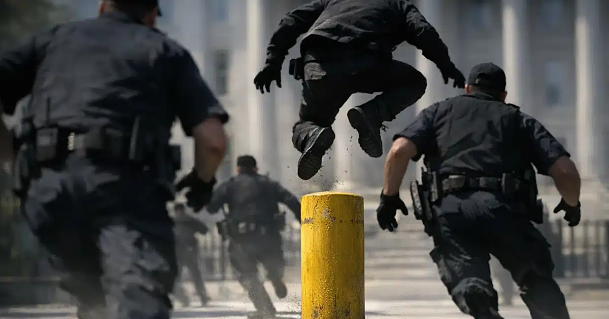 Silhouetted figure jumping over construction bollard as uniformed officers rush forward from behind