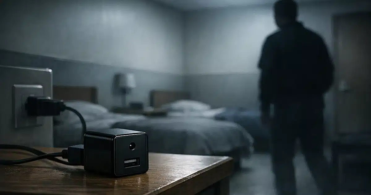 Phone charger with hidden camera lens on nightstand in sparse dormitory room with beds and institutional furniture