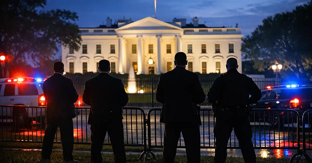 Secret Service agents in silhouette standing guard at White House perimeter with emergency lights at dusk