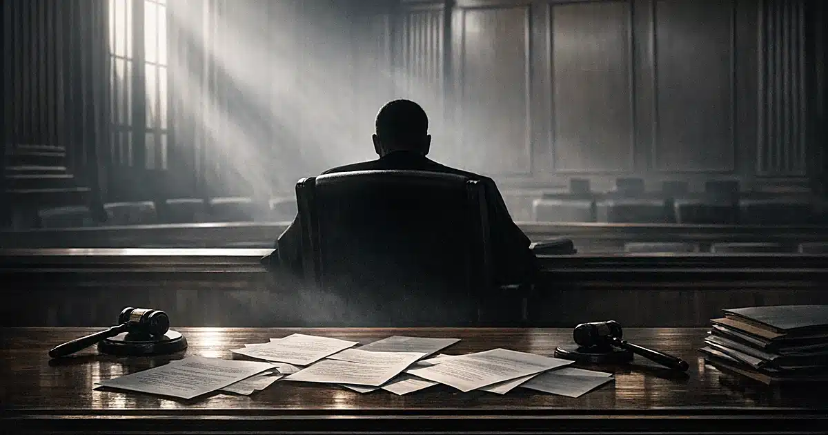 Silhouetted judge at elevated bench in dramatic courtroom with harsh lighting and scattered legal documents below