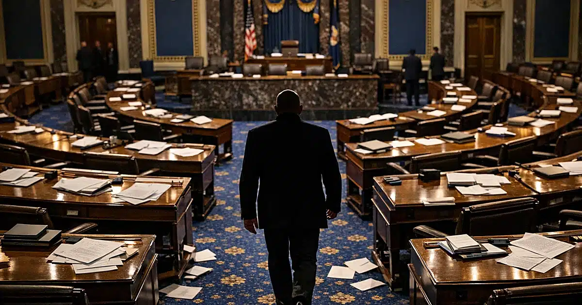 Empty Senate chamber with scattered papers on desks and lone silhouetted figure walking down center aisle
