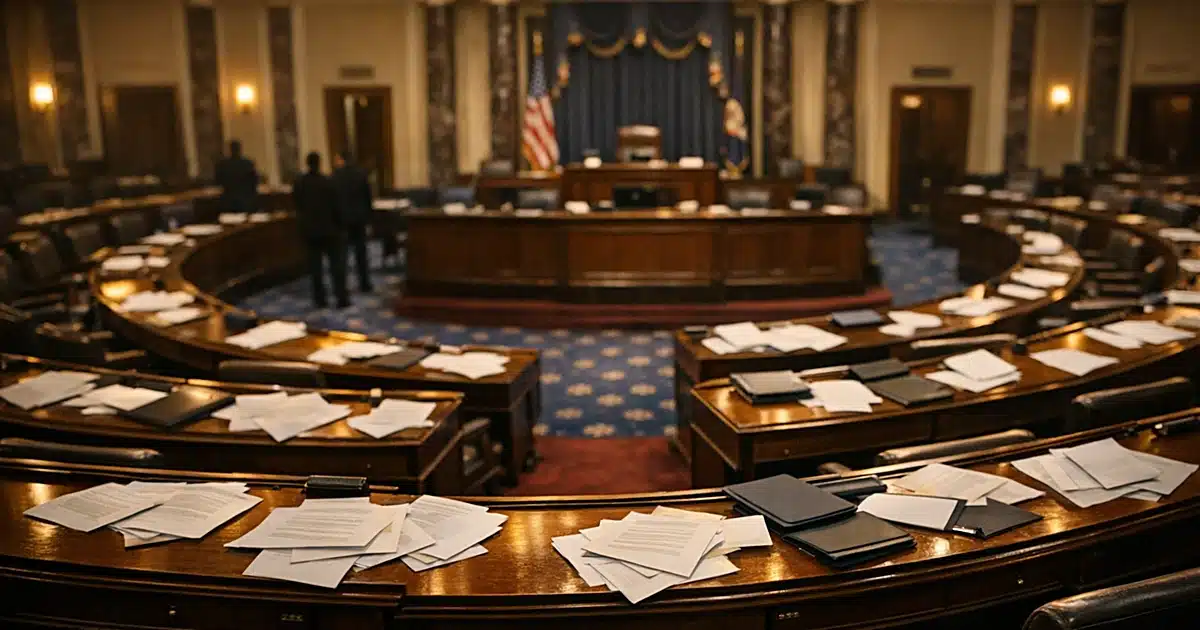 Empty Senate chamber with scattered papers on desks showing stalled legislative session