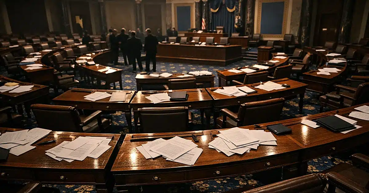 Empty Senate chamber with scattered papers on desks after late-night voting session