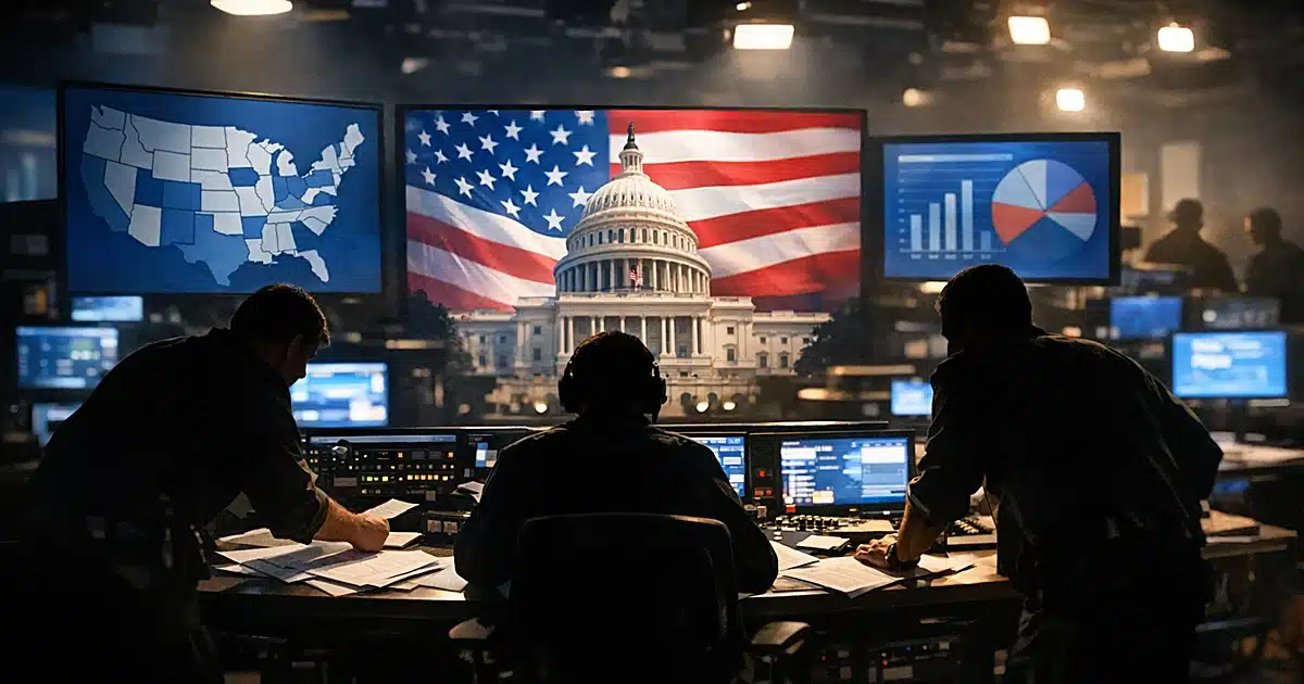 Broadcast control room with silhouetted figures at monitors and control desk during active production