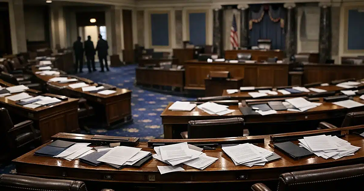 Empty legislative chamber with scattered papers on desks after overnight session