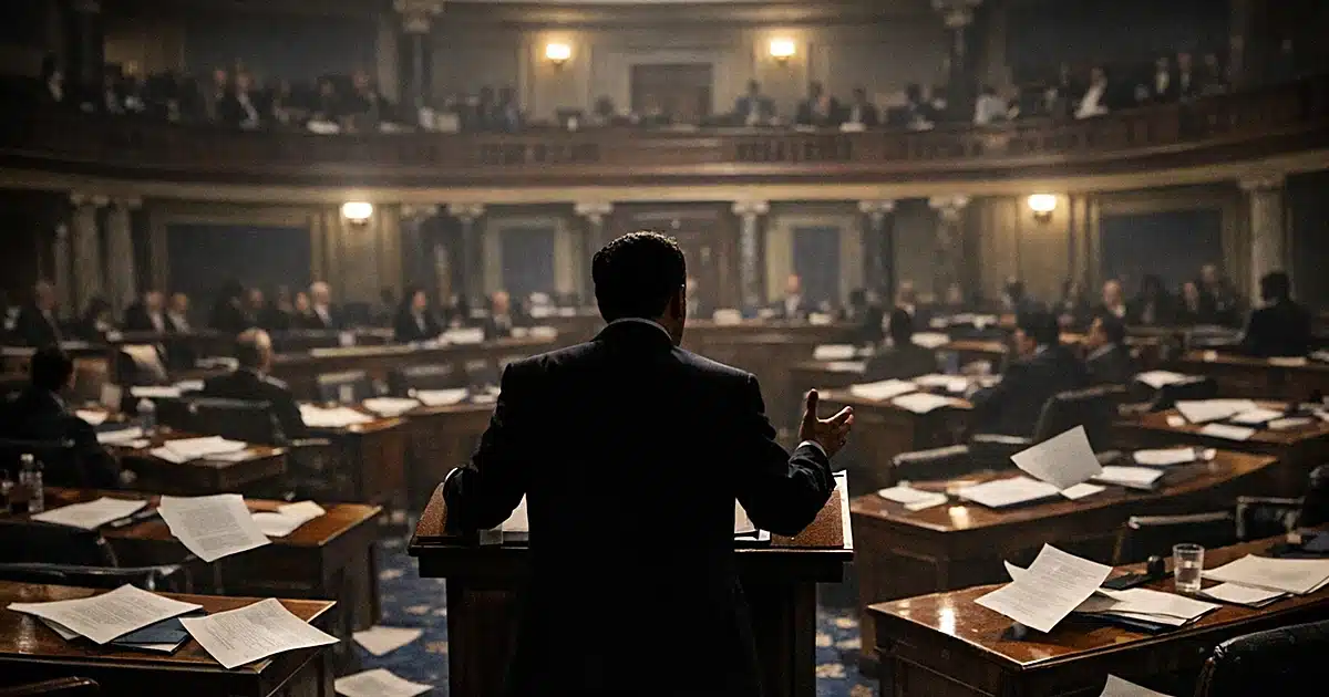 Senate chamber at night with scattered papers on desks and silhouetted figure at podium during overnight vote session