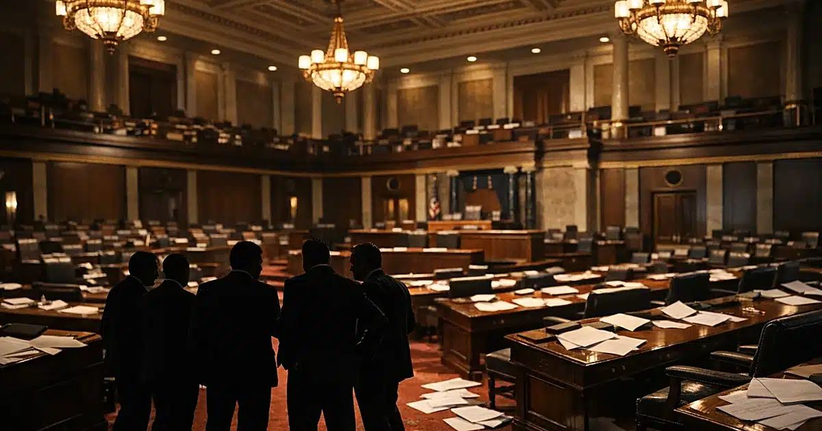 Empty Senate chamber with scattered papers and silhouetted figures standing in tense groups near the doors