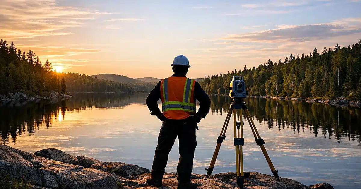 Silhouetted surveyor with equipment on rocky lake shore in northern Minnesota wilderness at sunset