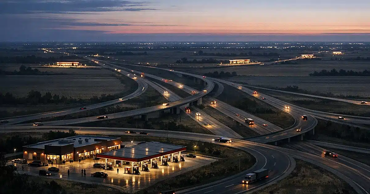 Aerial view of highway interchange with multiple convenience stores spaced along roads stretching across flat terrain