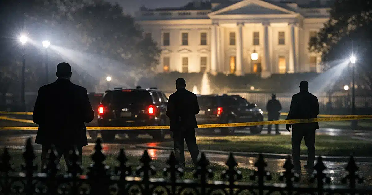Nighttime scene of park with security personnel silhouettes and vehicles under harsh floodlights near government building