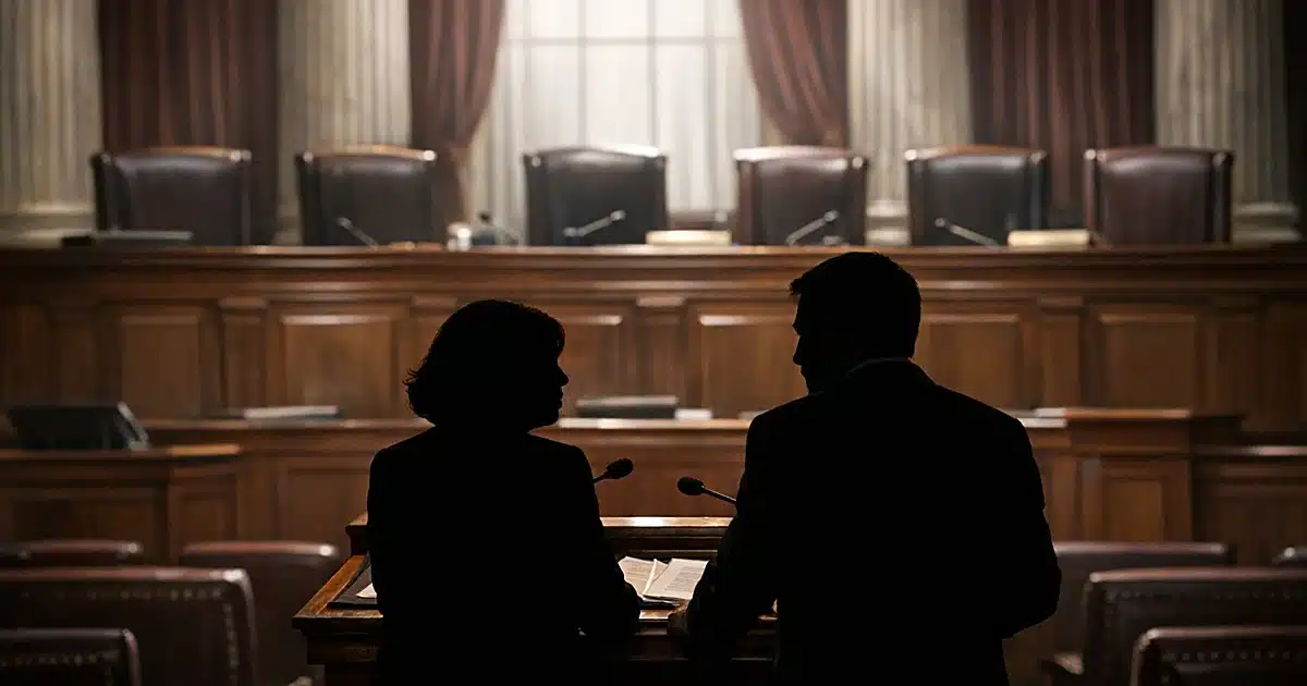 Empty Supreme Court bench with two silhouetted figures at lectern in foreground