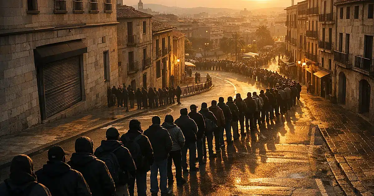 Long queue of silhouetted people winding through Spanish city street at dawn with administrative buildings