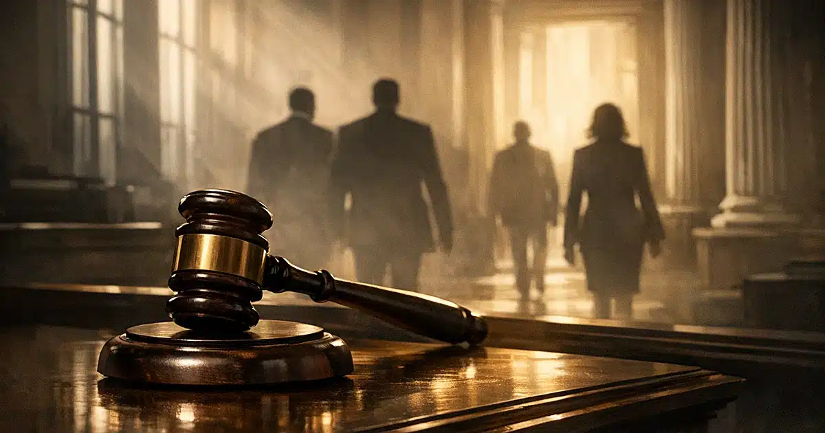 Gavel on judicial bench with silhouetted figures walking away through columned courthouse interior