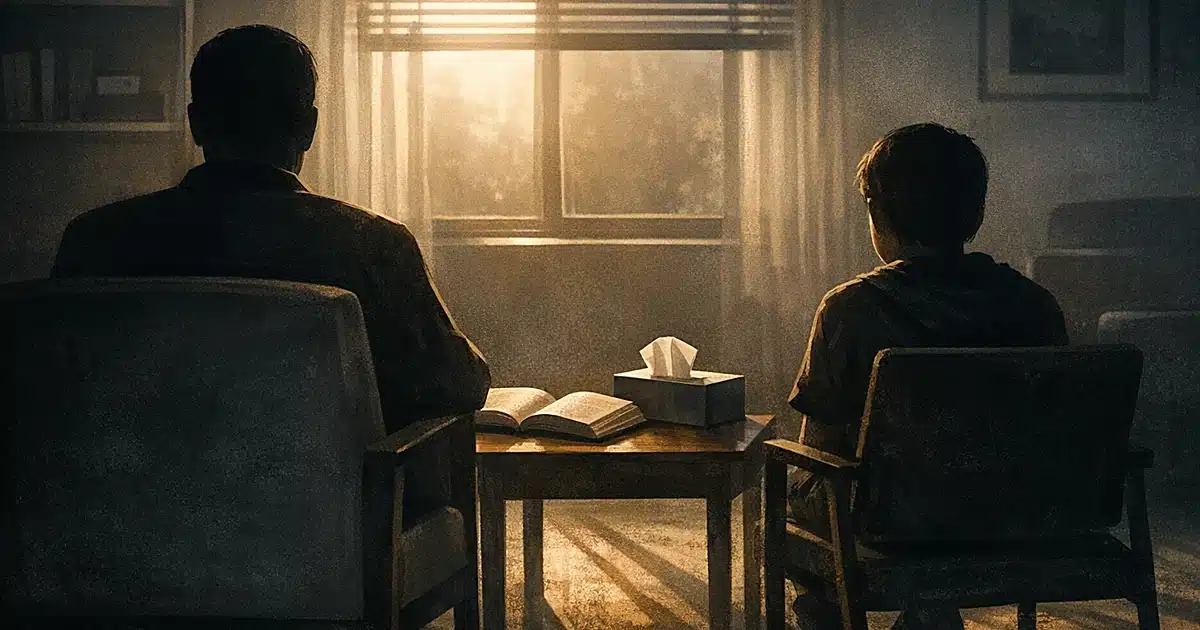 Silhouettes of therapist and minor in counseling session with dramatic window lighting creating shadows across office