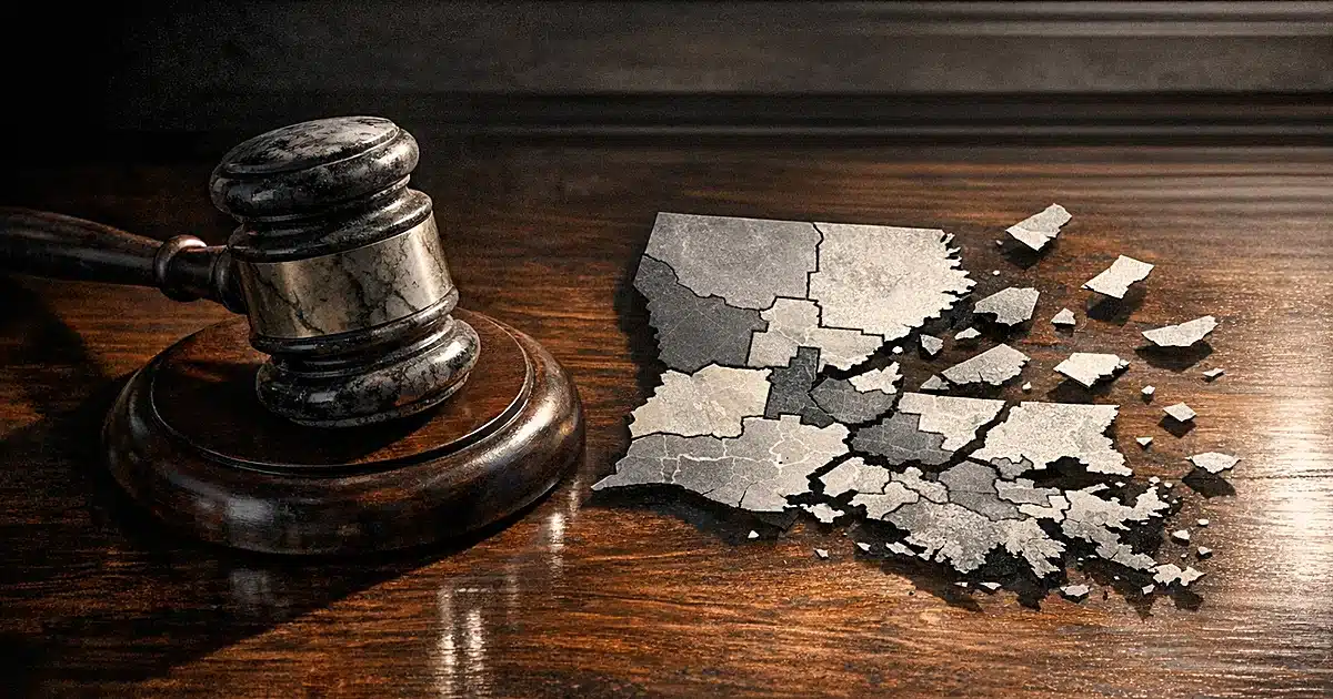 Gavel beside fragmenting Louisiana congressional district map with pieces breaking apart on wooden surface