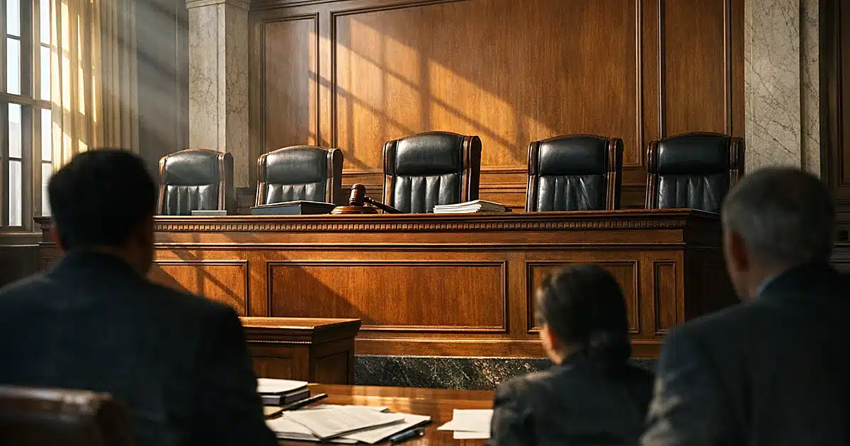 Empty Supreme Court judicial bench with dramatic afternoon light casting shadows across courtroom interior